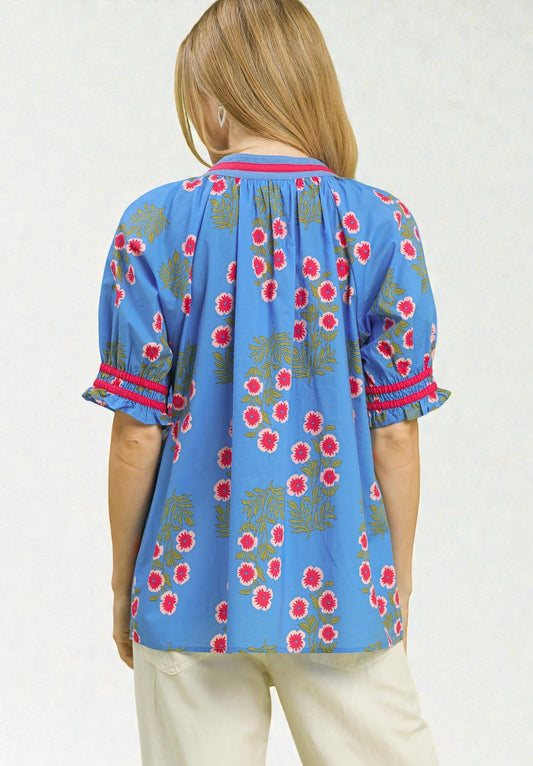 Cornflower Blue Floral Smocked Sleeve Blouse