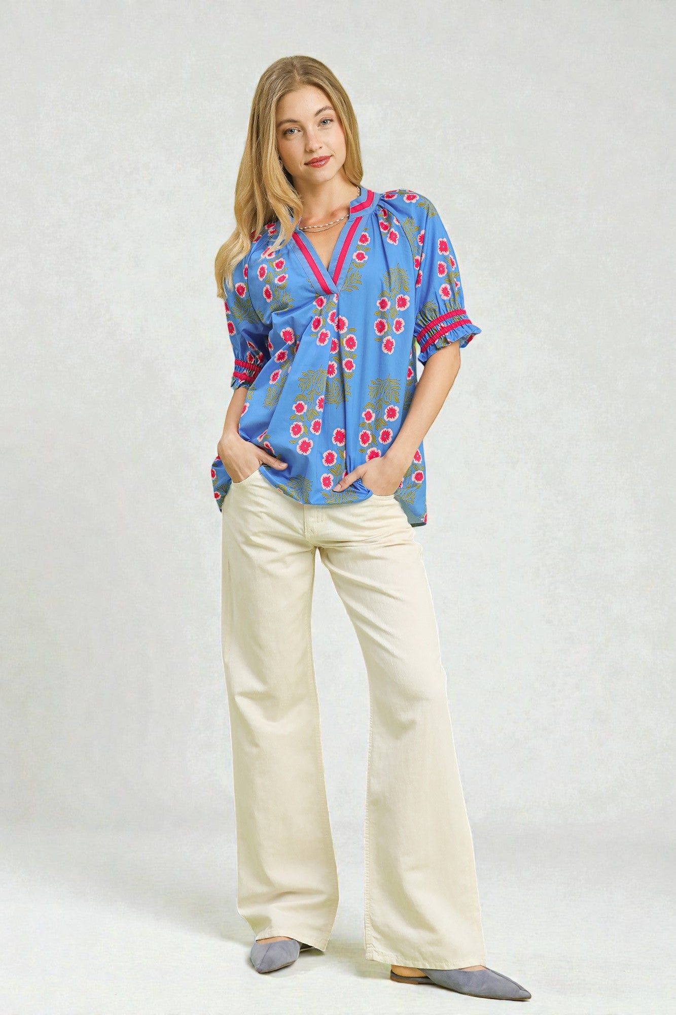 Cornflower Blue Floral Smocked Sleeve Blouse