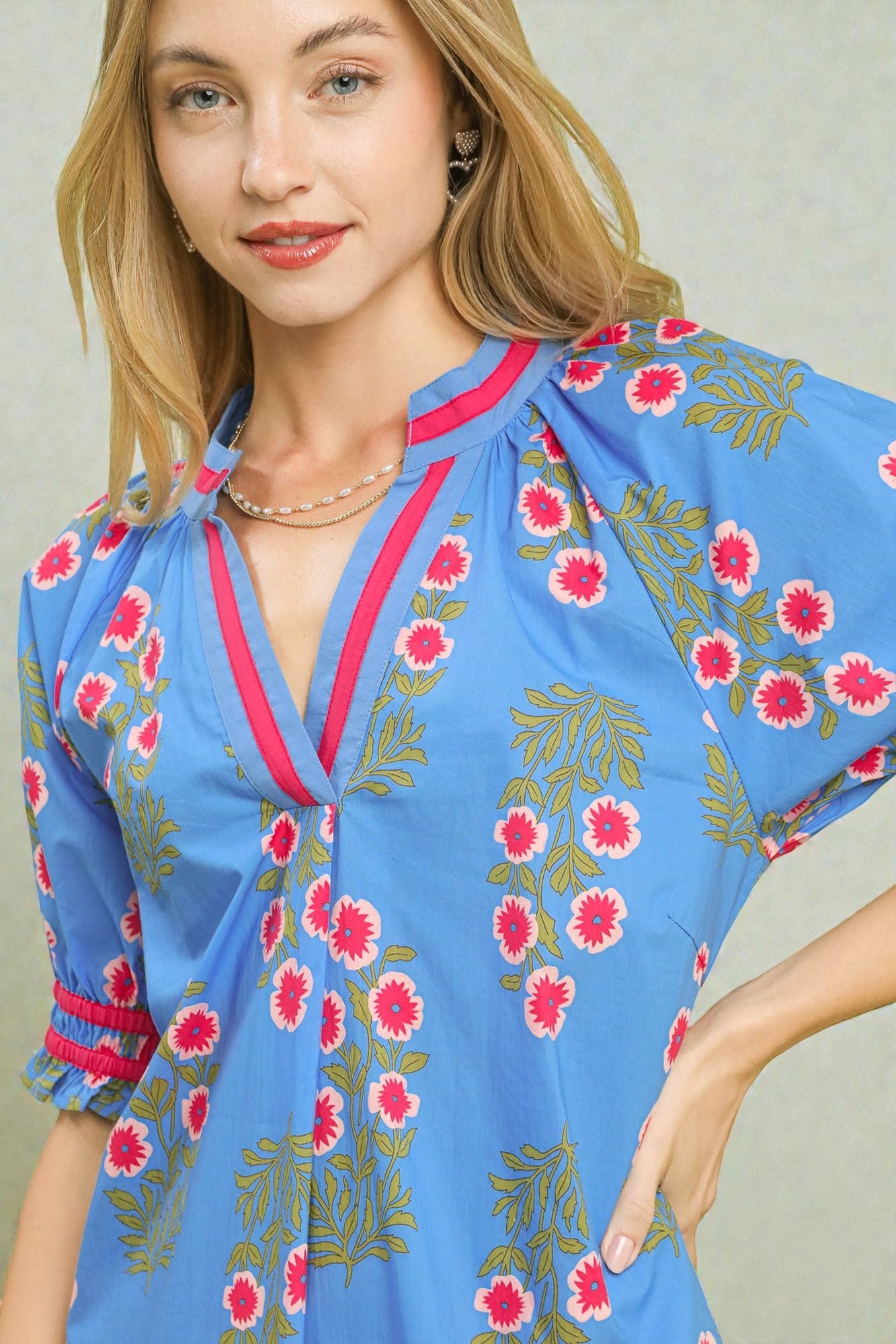 Cornflower Blue Floral Smocked Sleeve Blouse