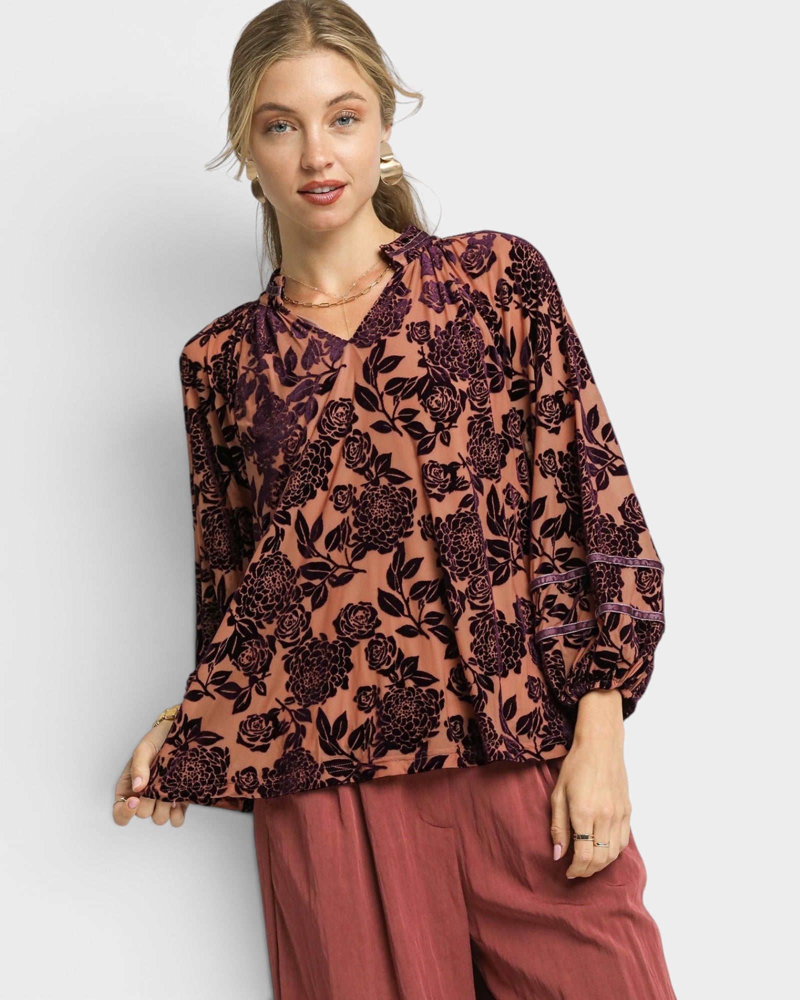 Cinnamon Floral Velvet Blouse