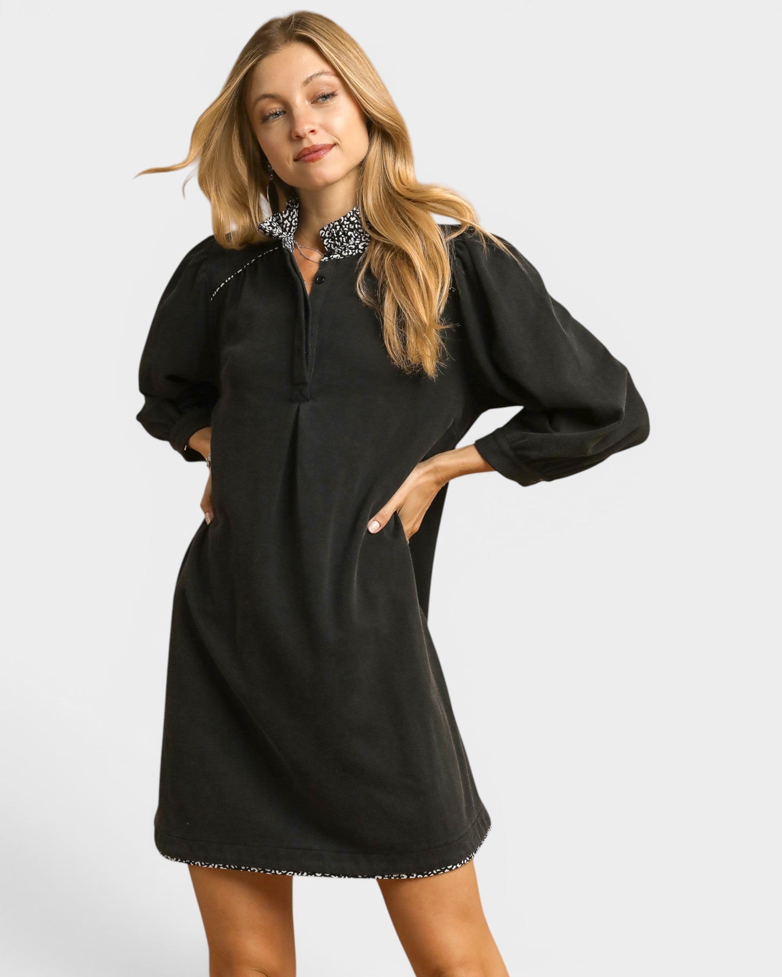 Black Leopard Trim Mini Dress