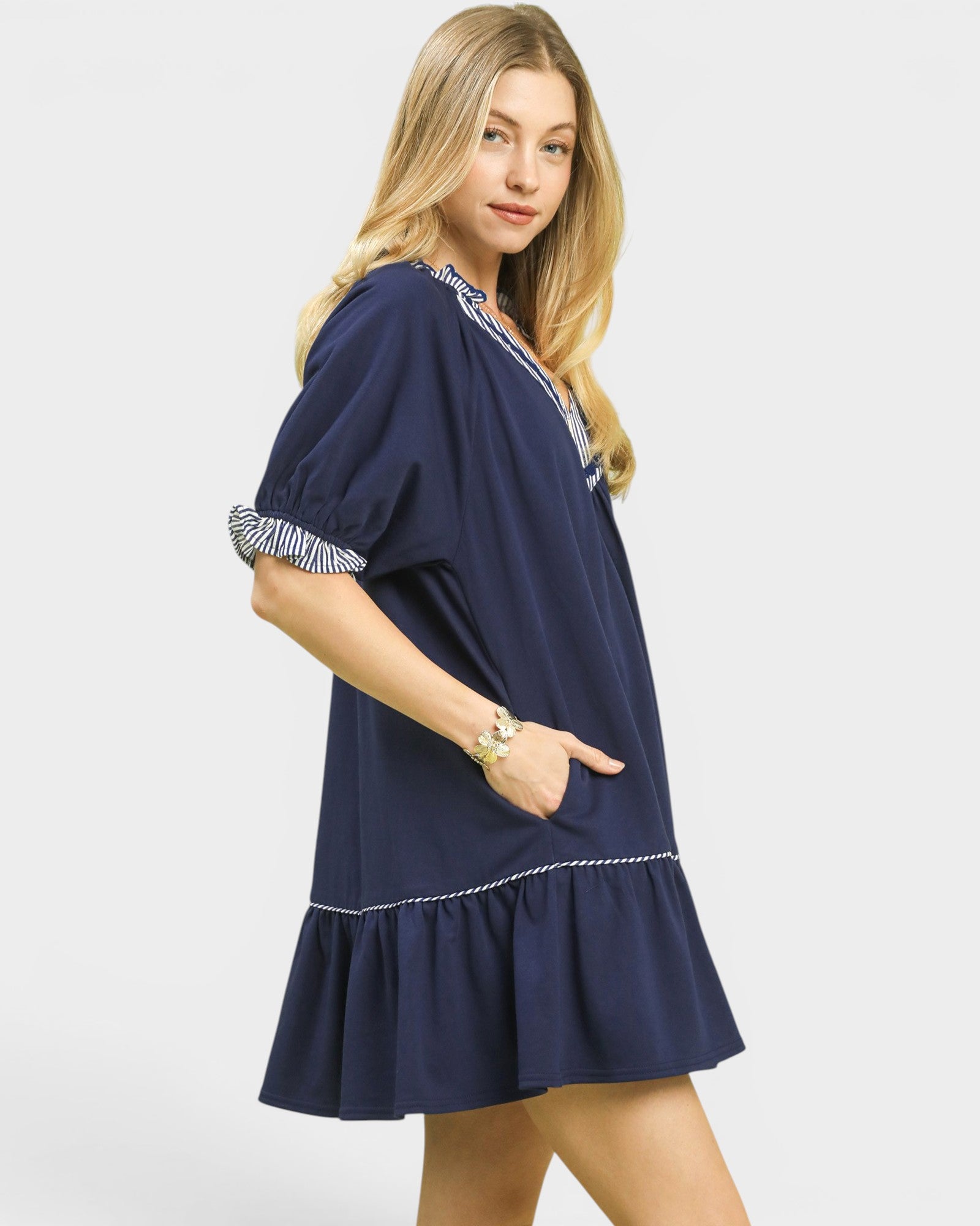Navy Contrast Trim Puff Sleeve Mini Dress
