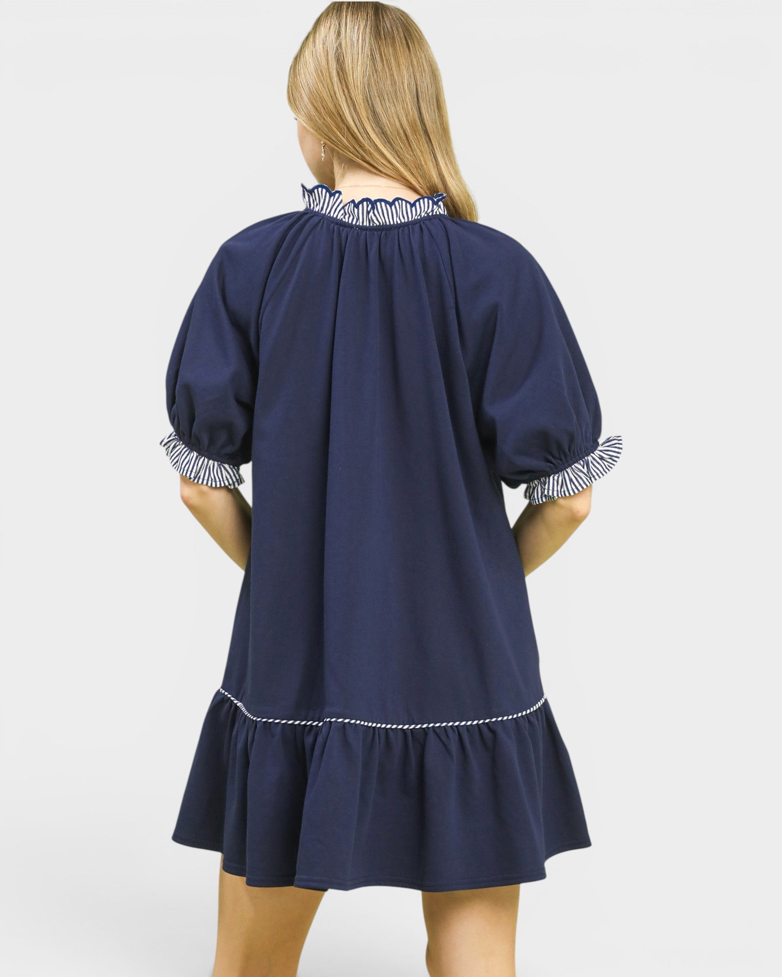 Navy Contrast Trim Puff Sleeve Mini Dress