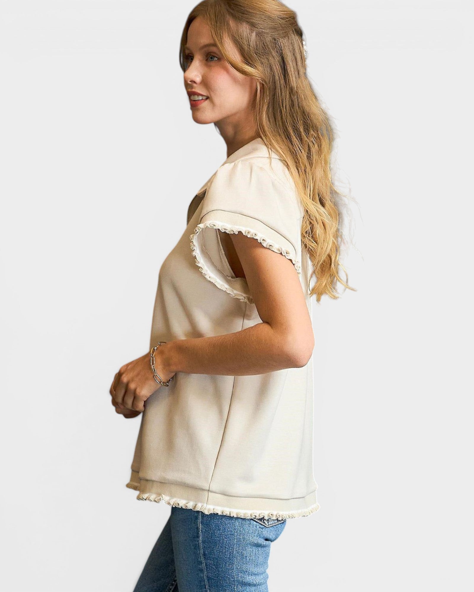 Ivory Half Zip Flutter Sleeve Top