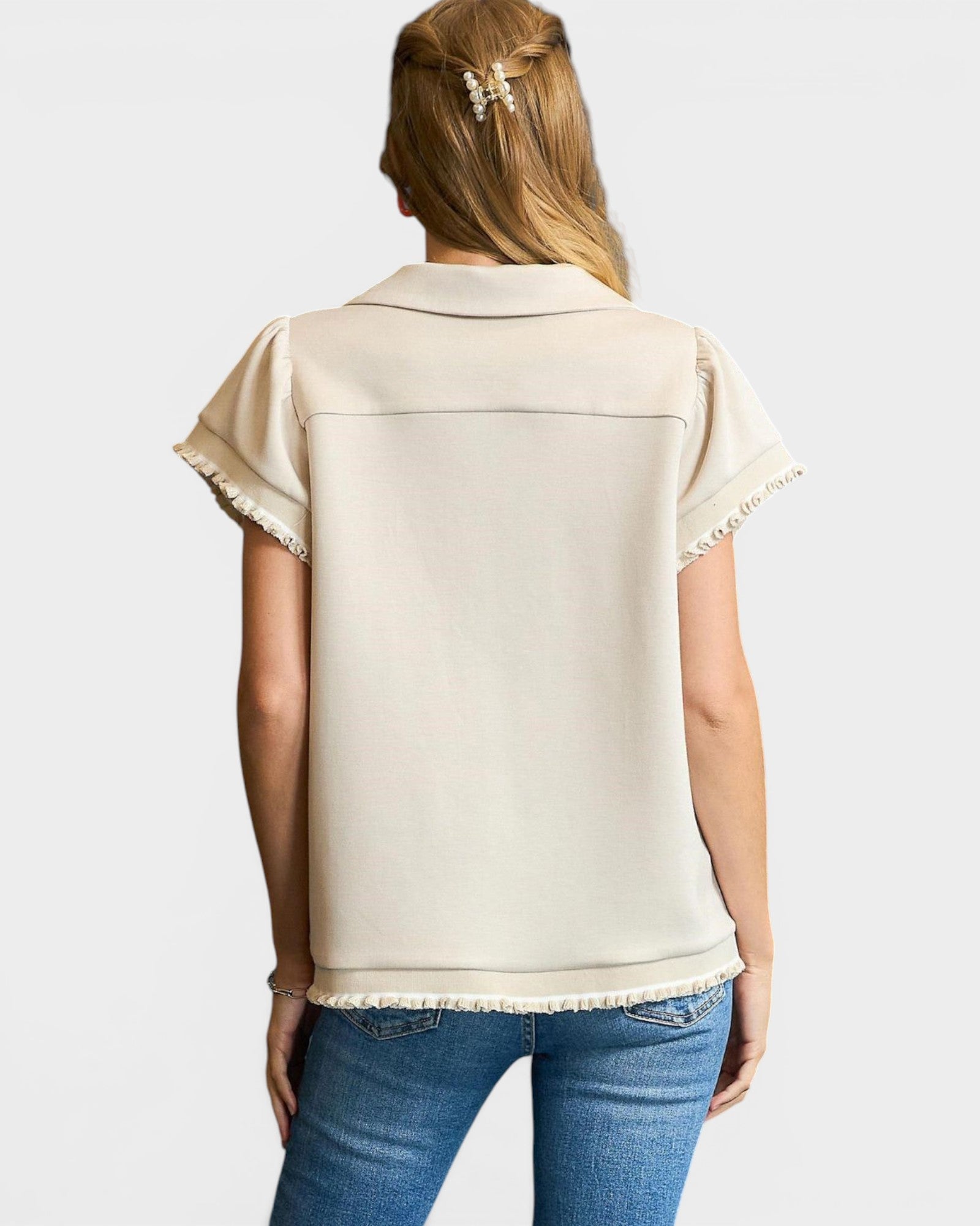 Ivory Half Zip Flutter Sleeve Top