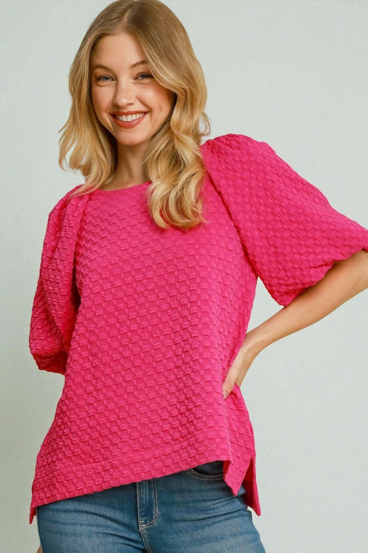 Textured Hot Pink Puff Sleeve Blouse