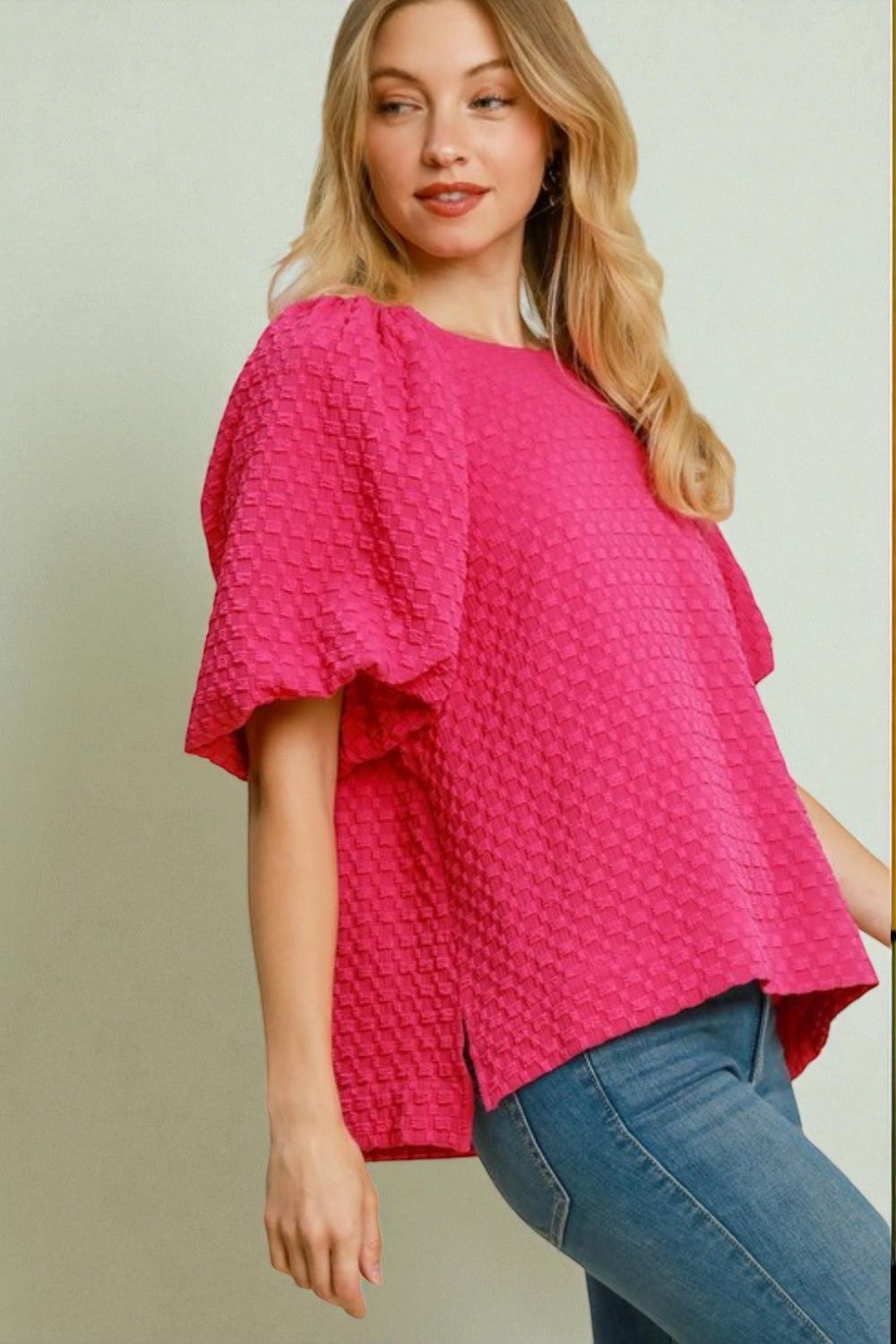 Textured Hot Pink Puff Sleeve Blouse