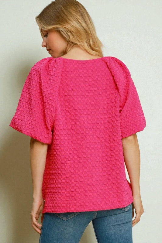 Textured Hot Pink Puff Sleeve Blouse