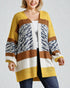 Woman wearing a colorful striped cardigan on a plain background