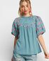Woman wearing a blue embroidered blouse with a plain background