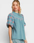 Woman wearing a blue embroidered blouse against a white background