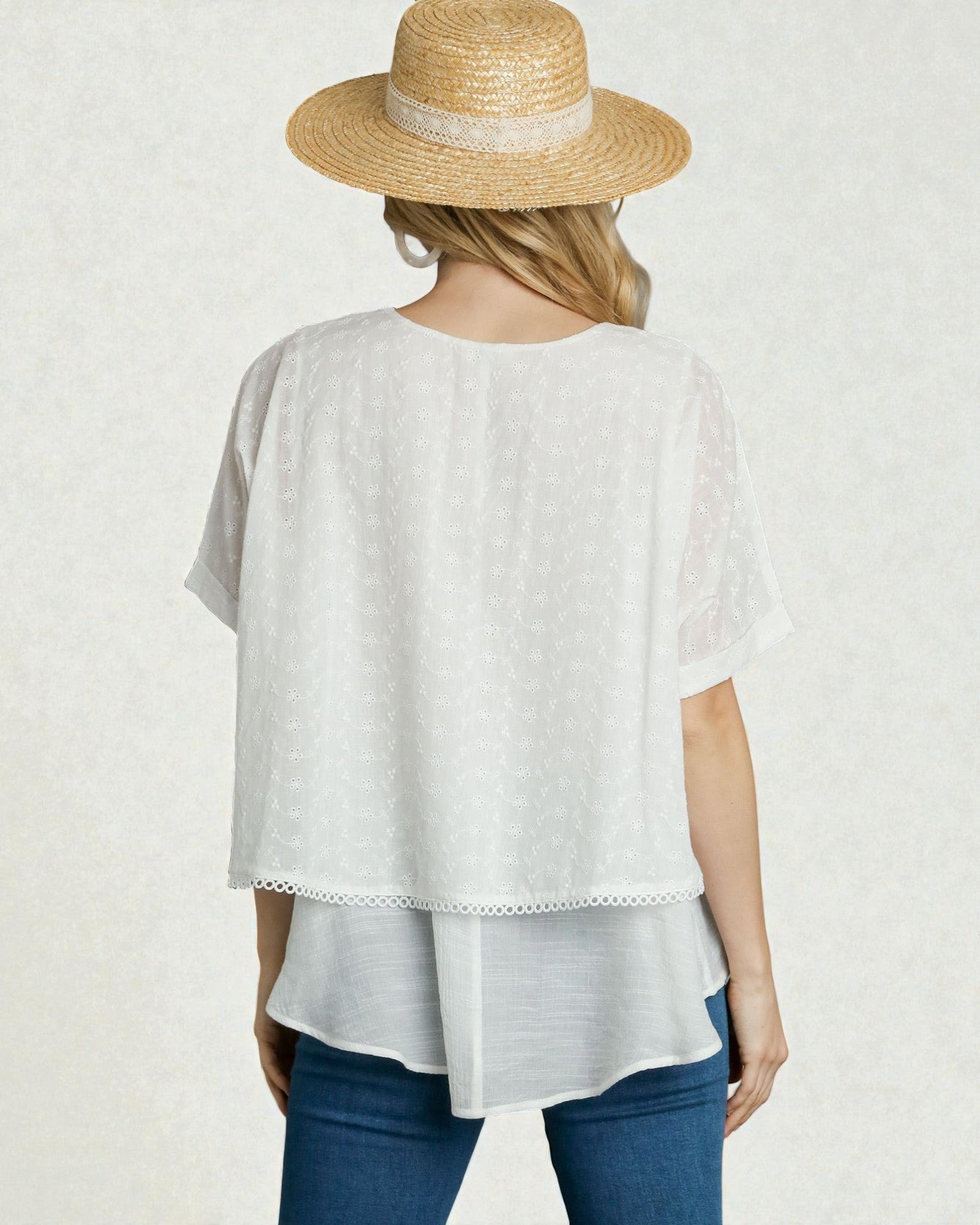 Person wearing a white blouse with lace trim and a straw hat on a plain background