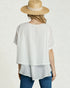Person wearing a white blouse with lace trim and a straw hat on a plain background