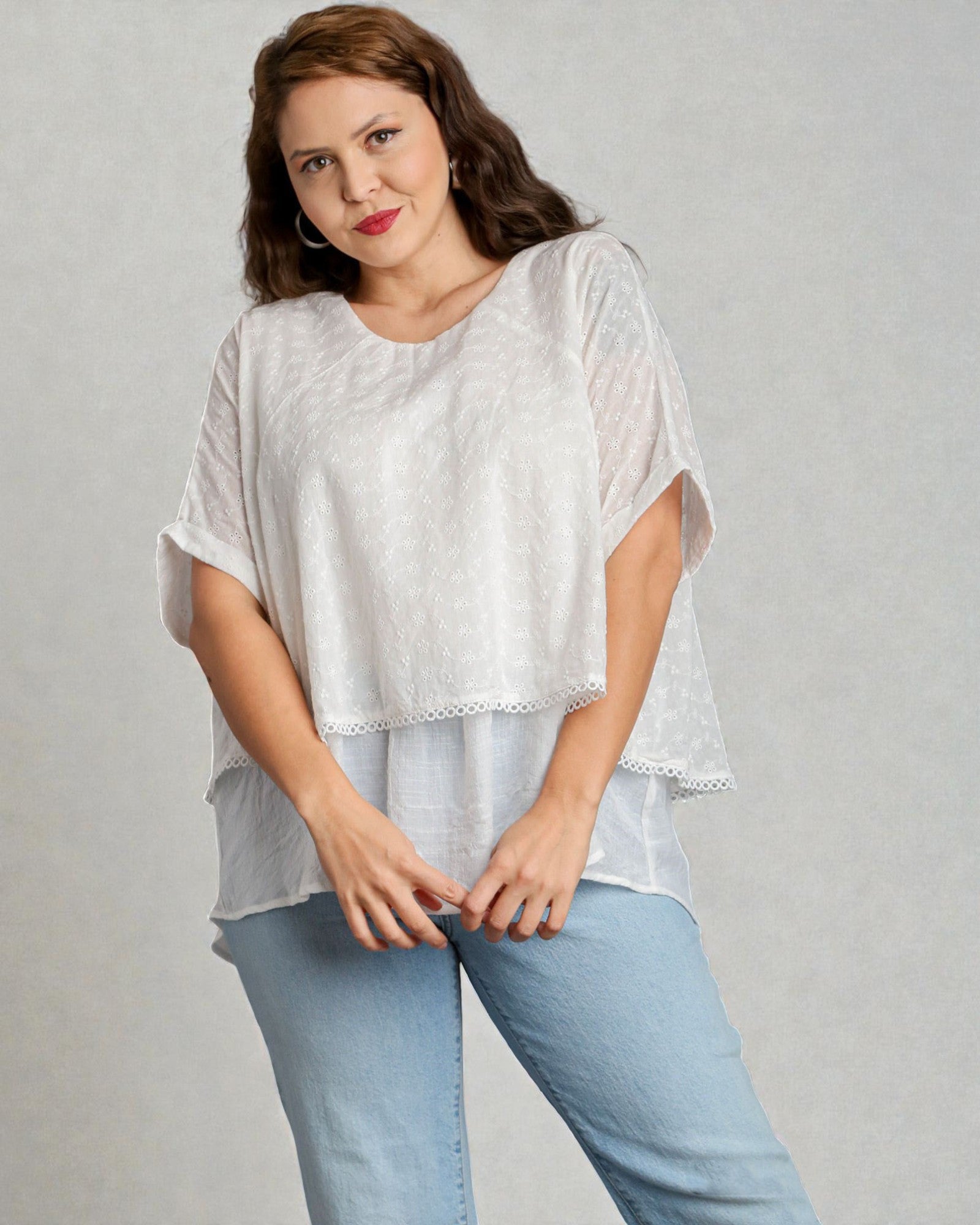Woman wearing a white lace top and light blue jeans on a gray background
