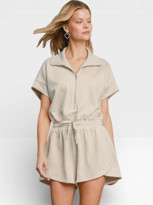Oatmeal Half Zip Romper