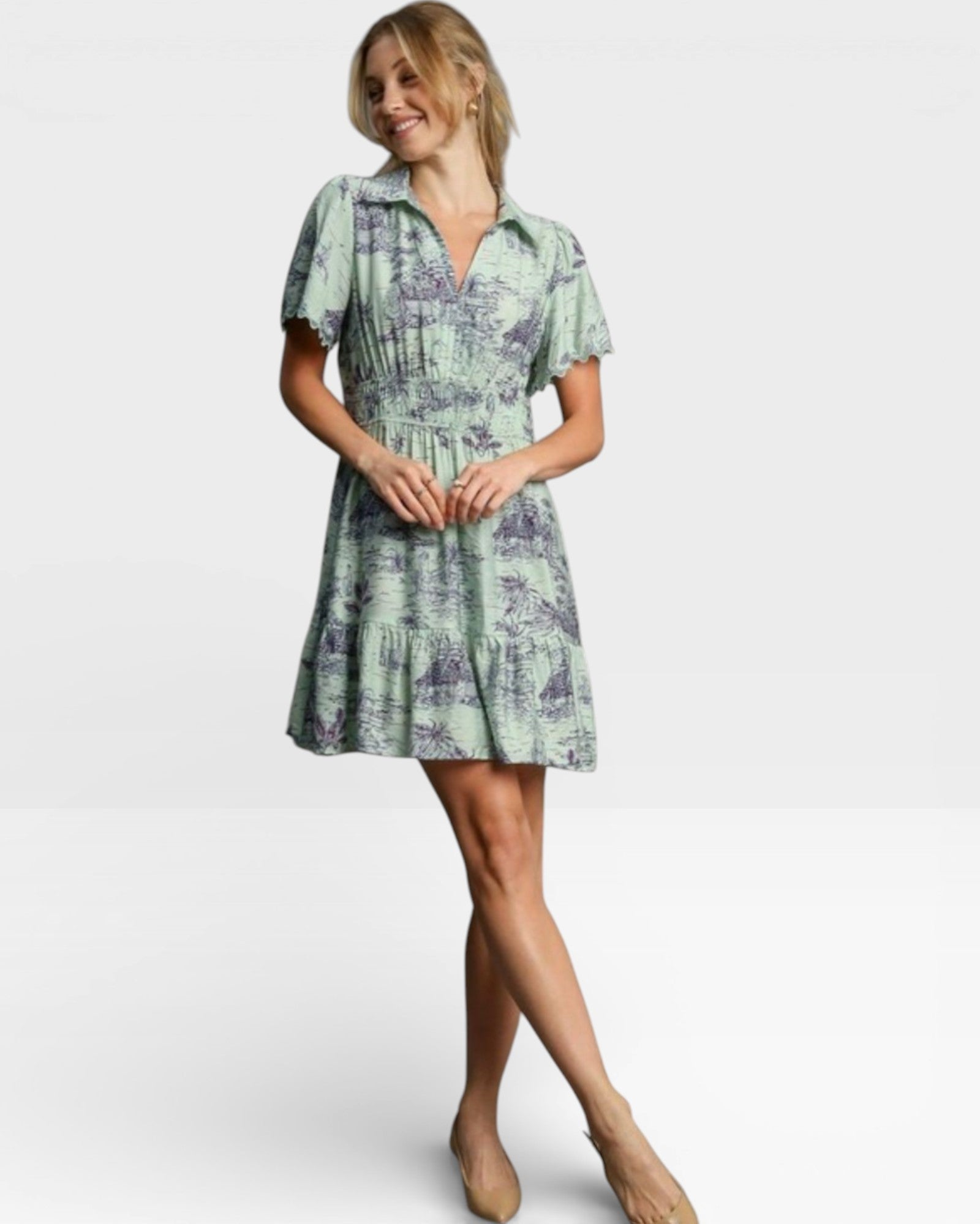 Woman wearing a floral dress on a white background