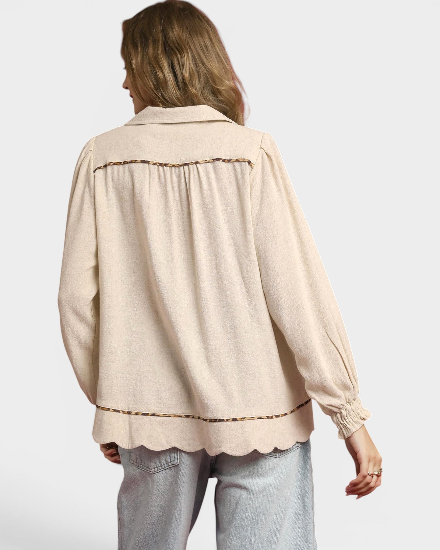 Oatmeal Leopard Trim Scallop Hem Blouse