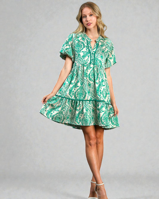 Emerald & Ivory Paisley Mini Dress