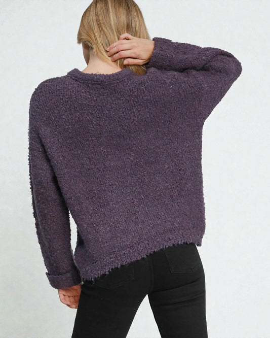 Person wearing a purple sweater with a plain background