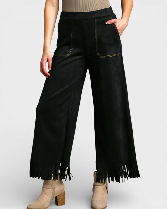 Black wide-leg pants with fringe details on a white background
