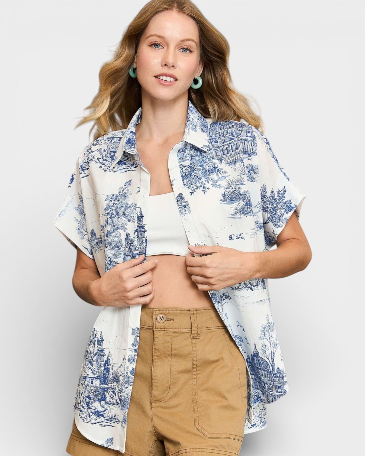 Ivory & Blue Toile Button Down Blouse