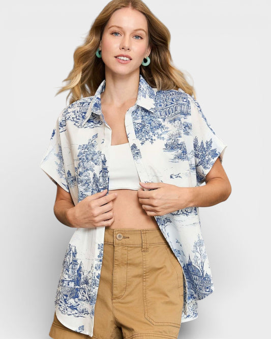 Ivory & Blue Toile Button Down Blouse