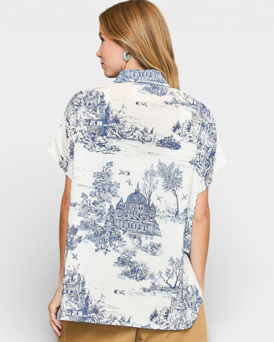 Ivory & Blue Toile Button Down Blouse