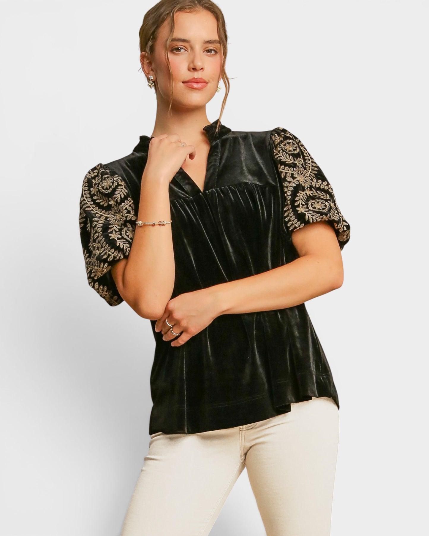 Black Velvet Embroidered Sleeve Top