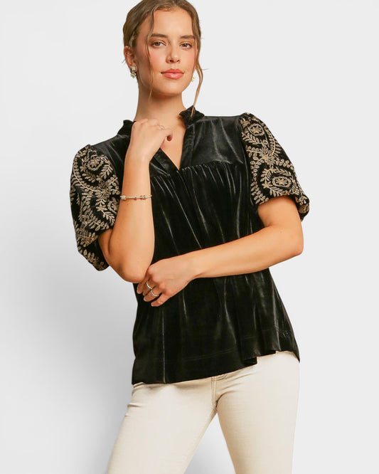 Black Velvet Embroidered Sleeve Top