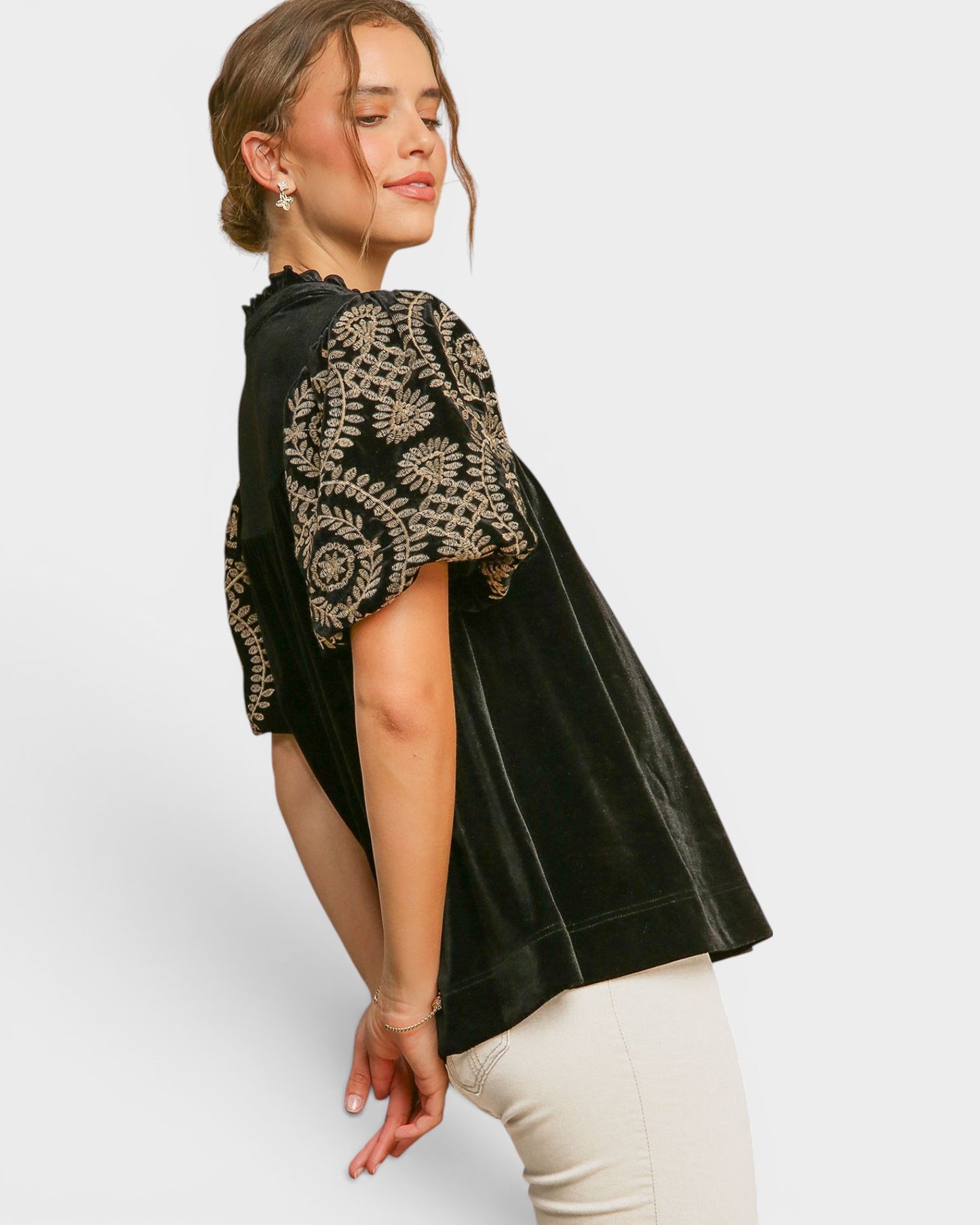 Black Velvet Embroidered Sleeve Top