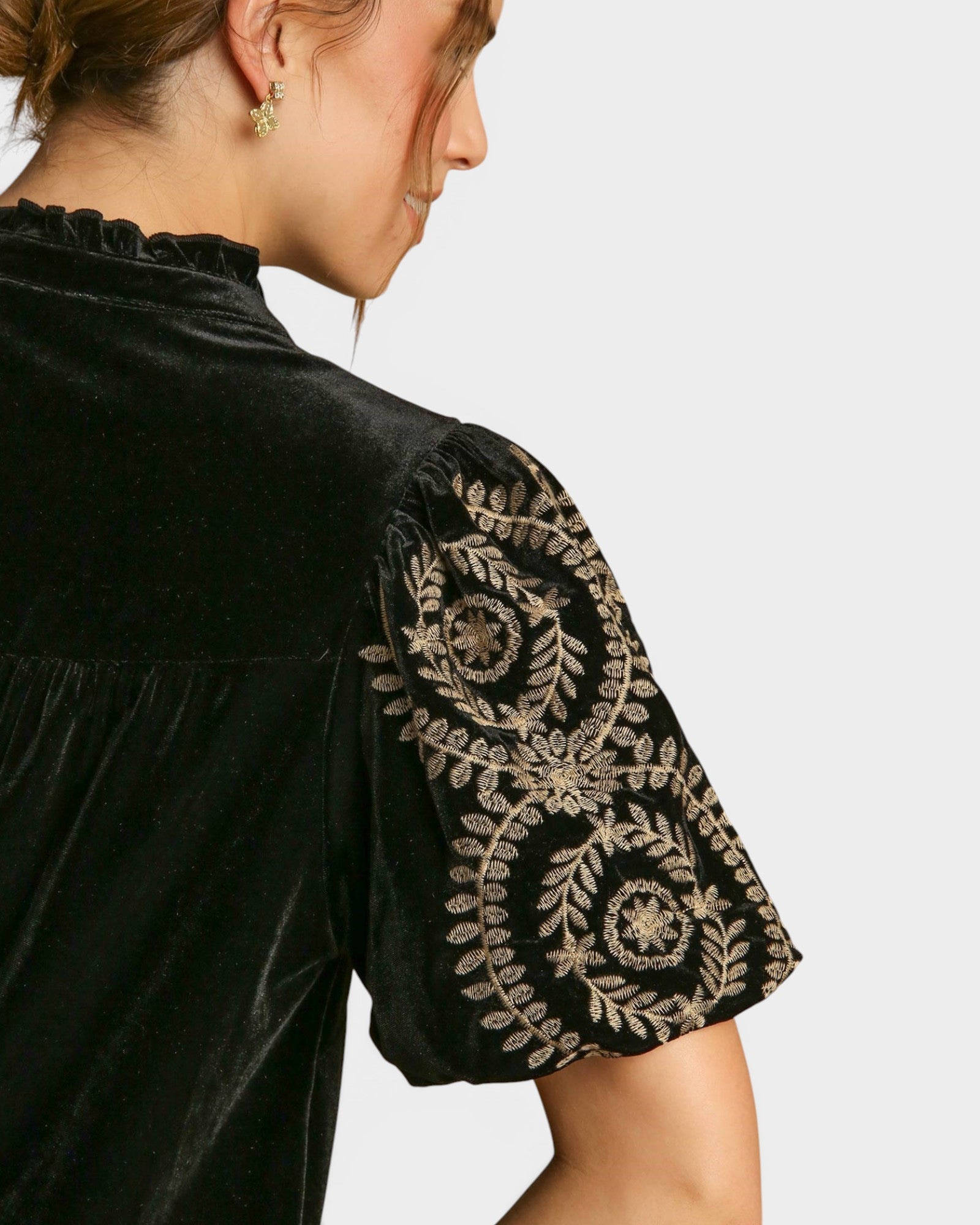 Black Velvet Embroidered Sleeve Top
