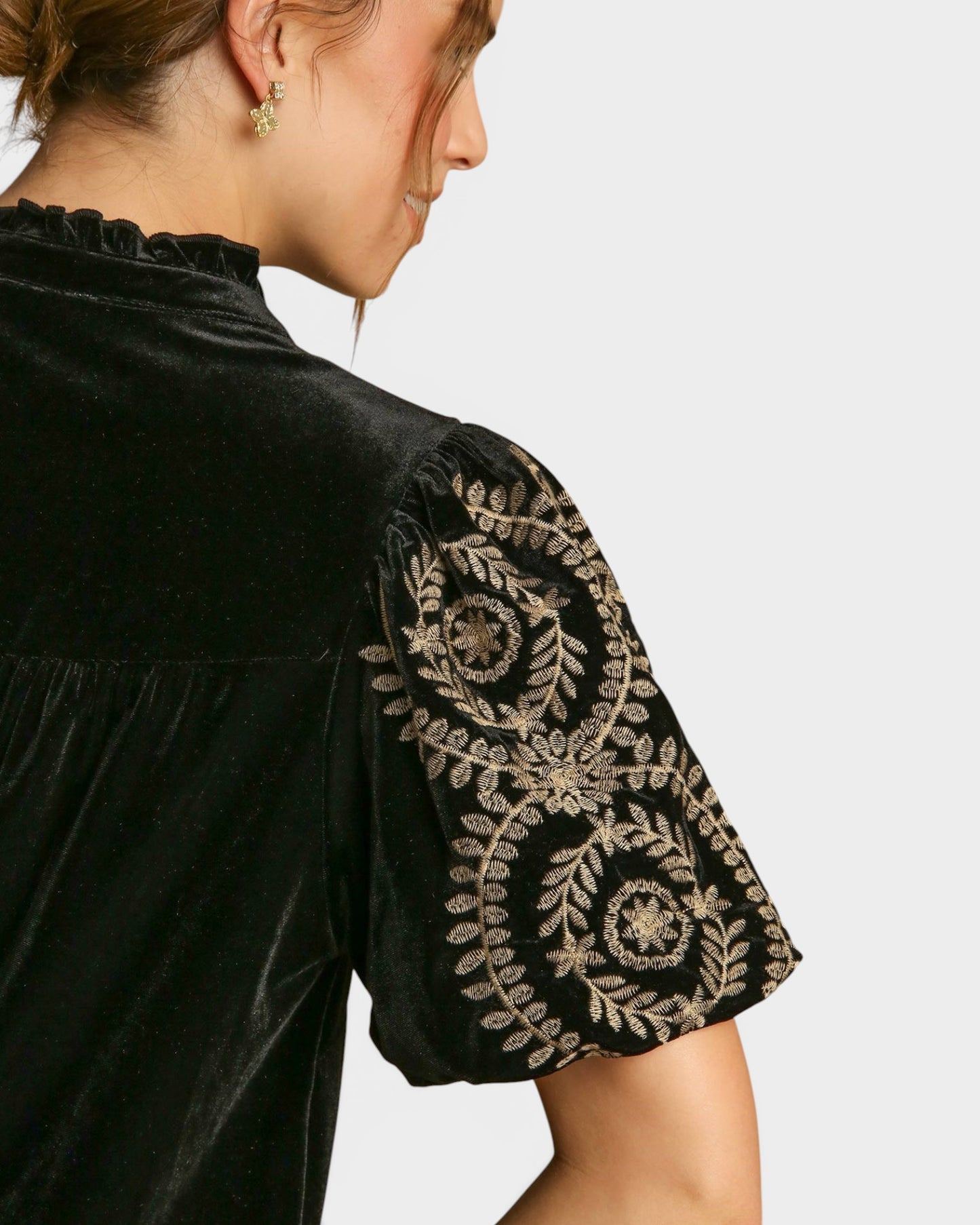 Black Velvet Embroidered Sleeve Top