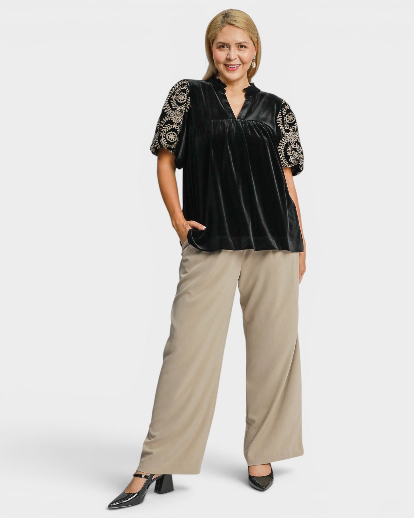 Black Velvet Embroidered Sleeve Top