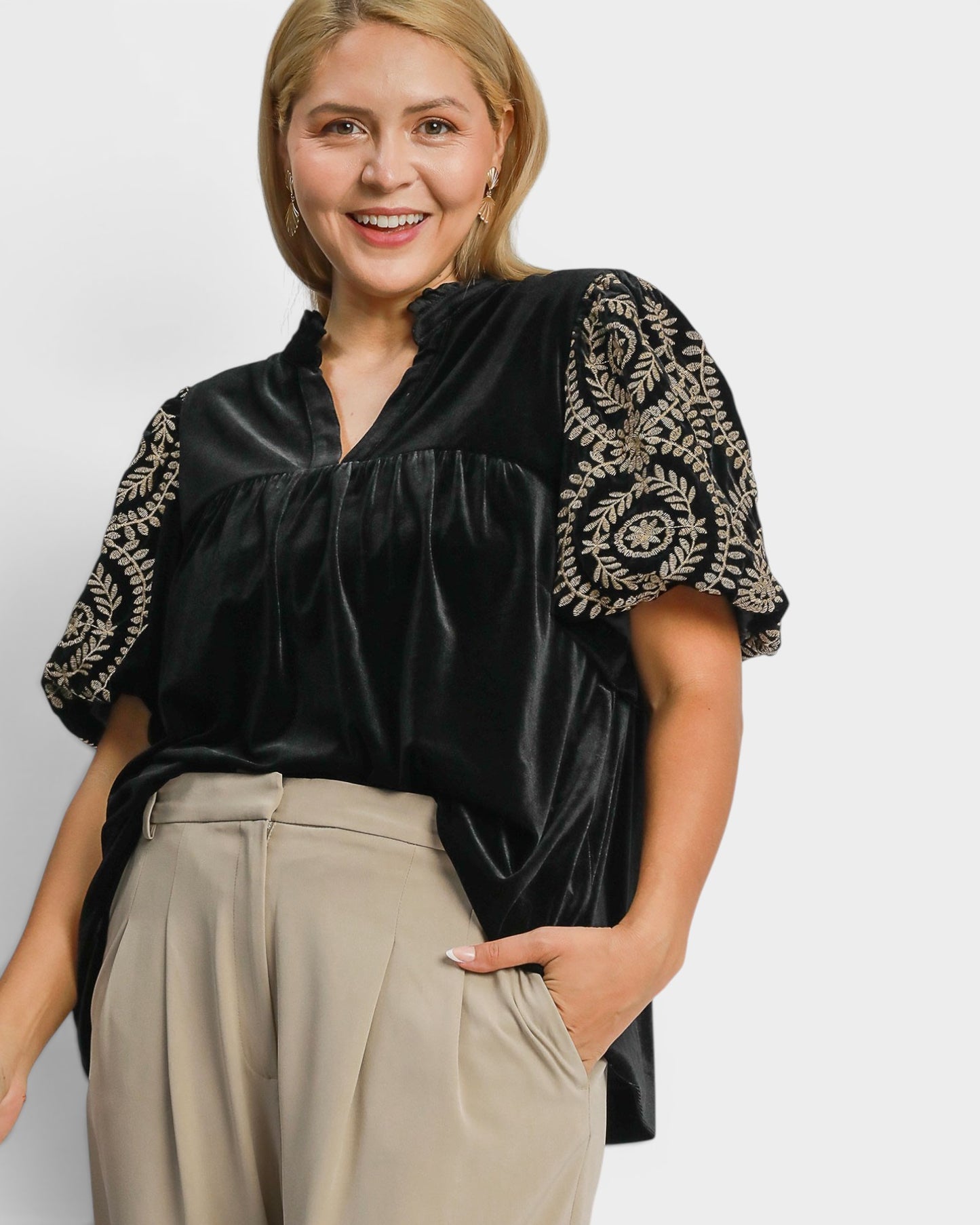 Black Velvet Embroidered Sleeve Top