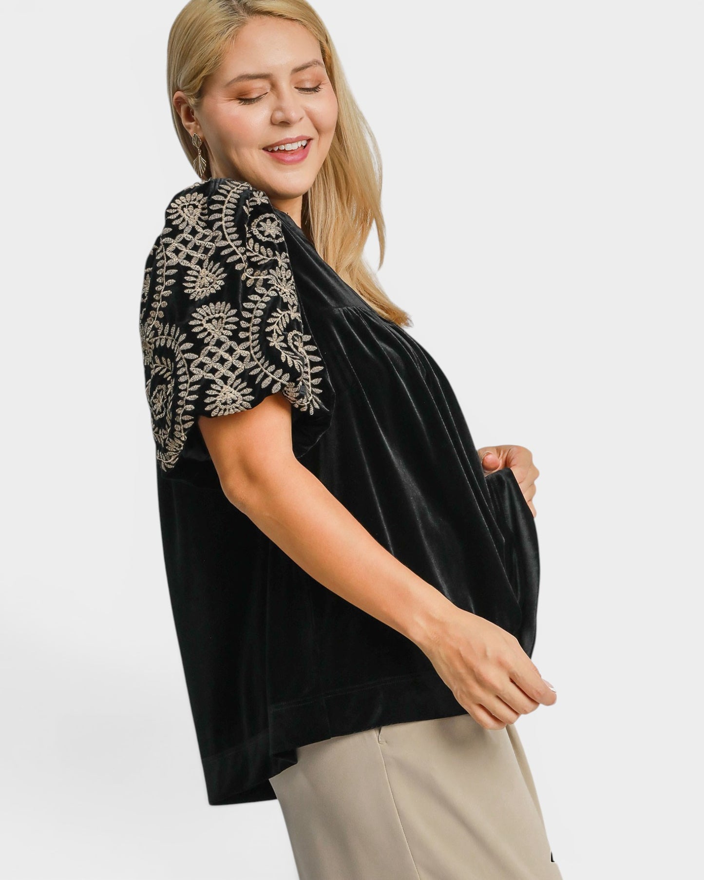 Black Velvet Embroidered Sleeve Top