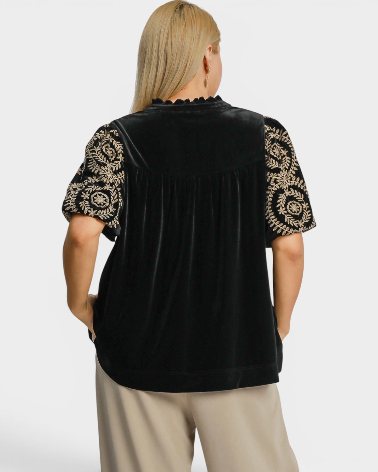Black Velvet Embroidered Sleeve Top