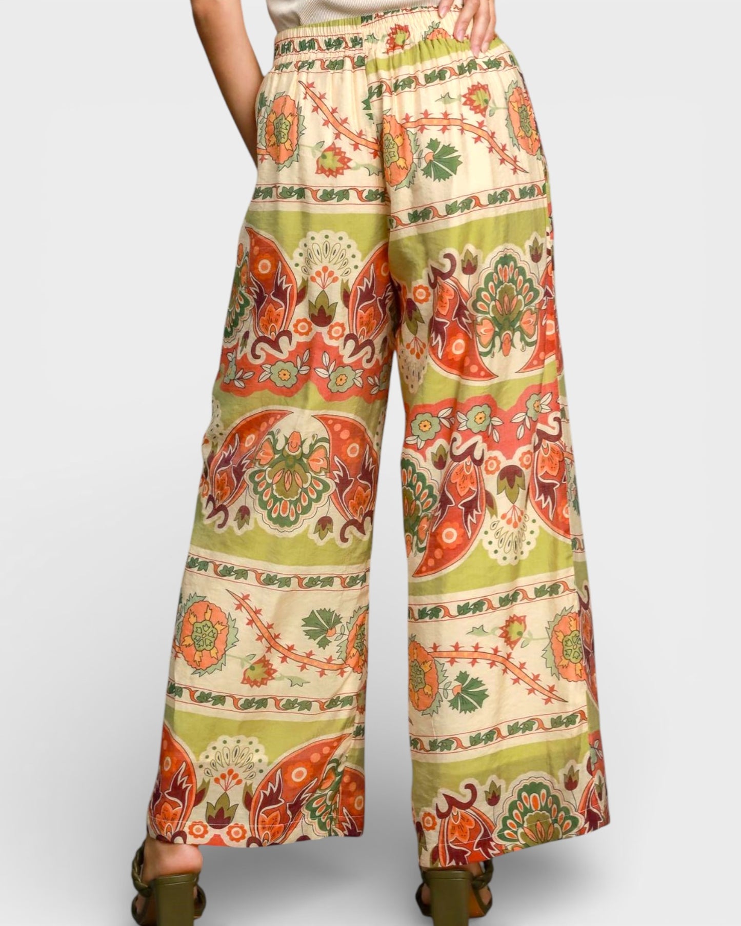 Colorful patterned pants on a white background