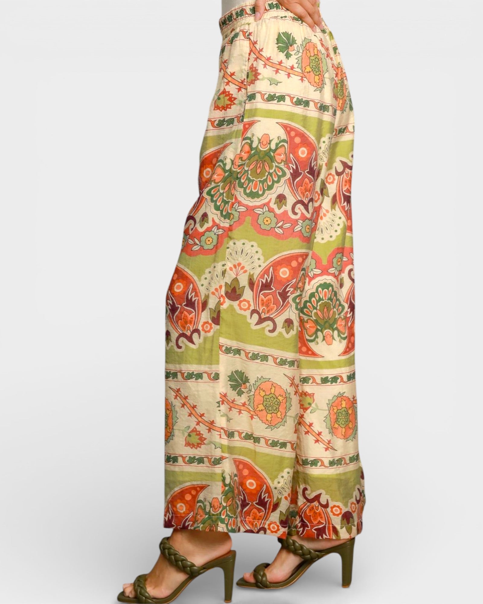 Colorful patterned pants on a white background