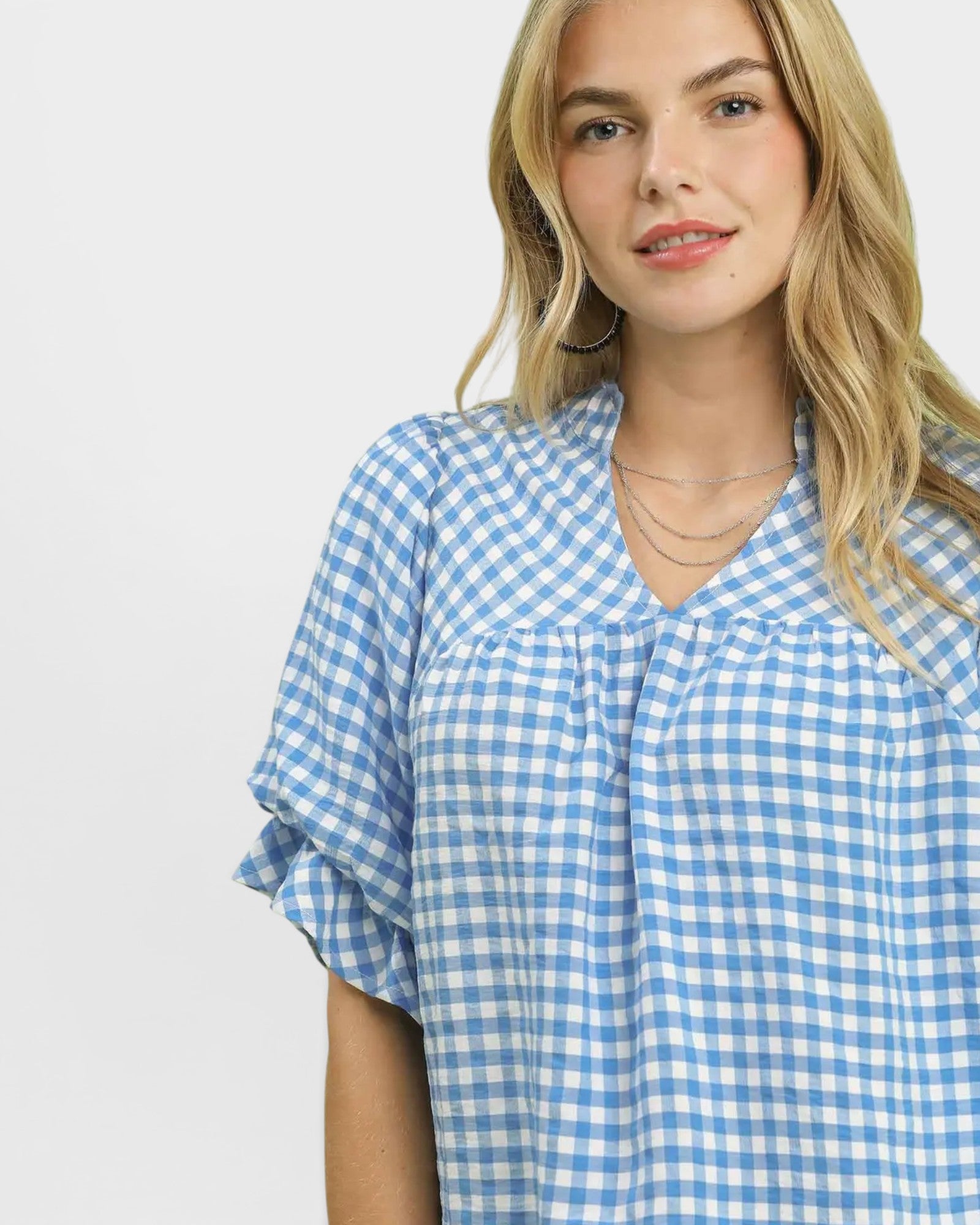 Blue Gingham Ruffle Sleeve Top