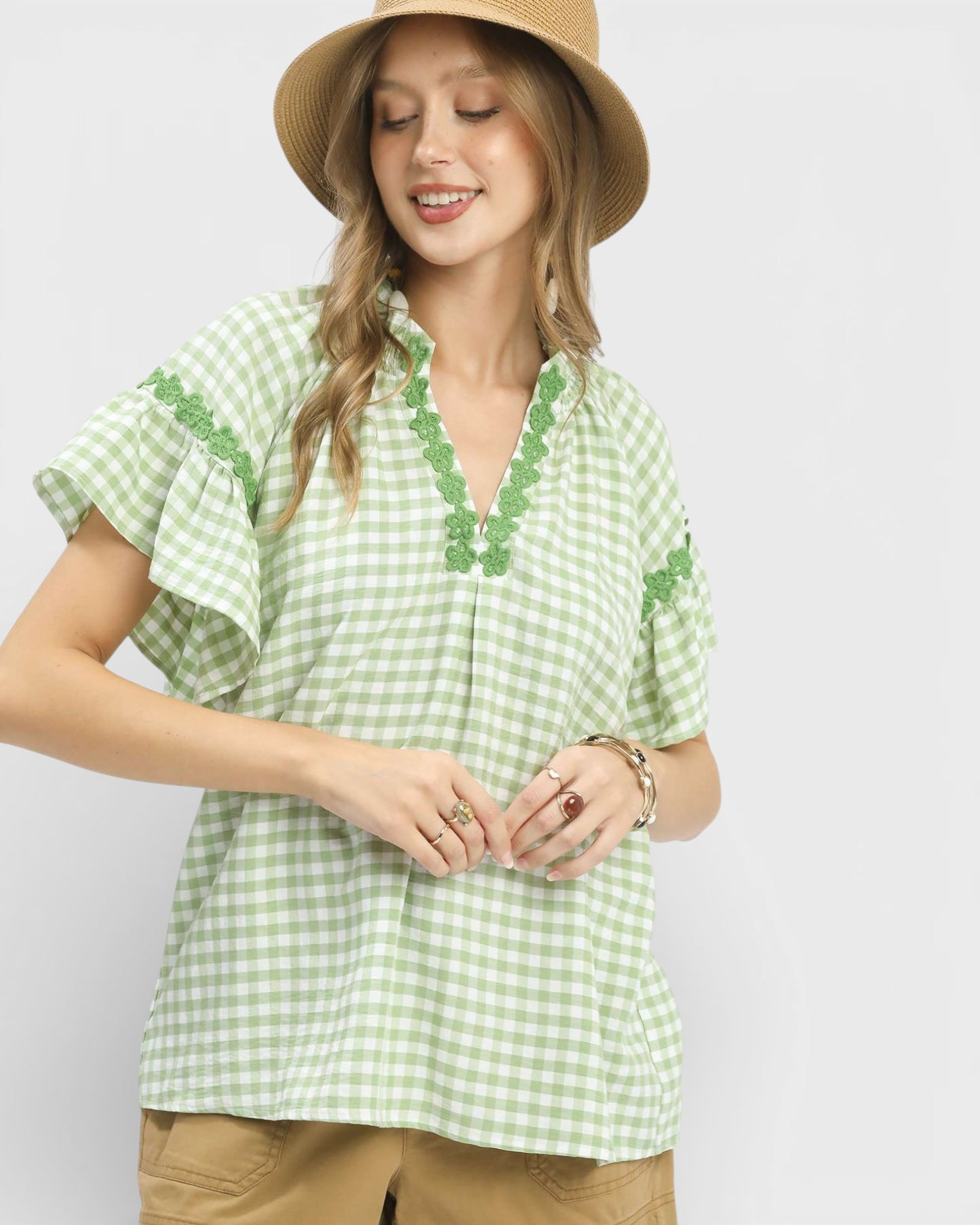 Lime Gingham Lace Trim Top
