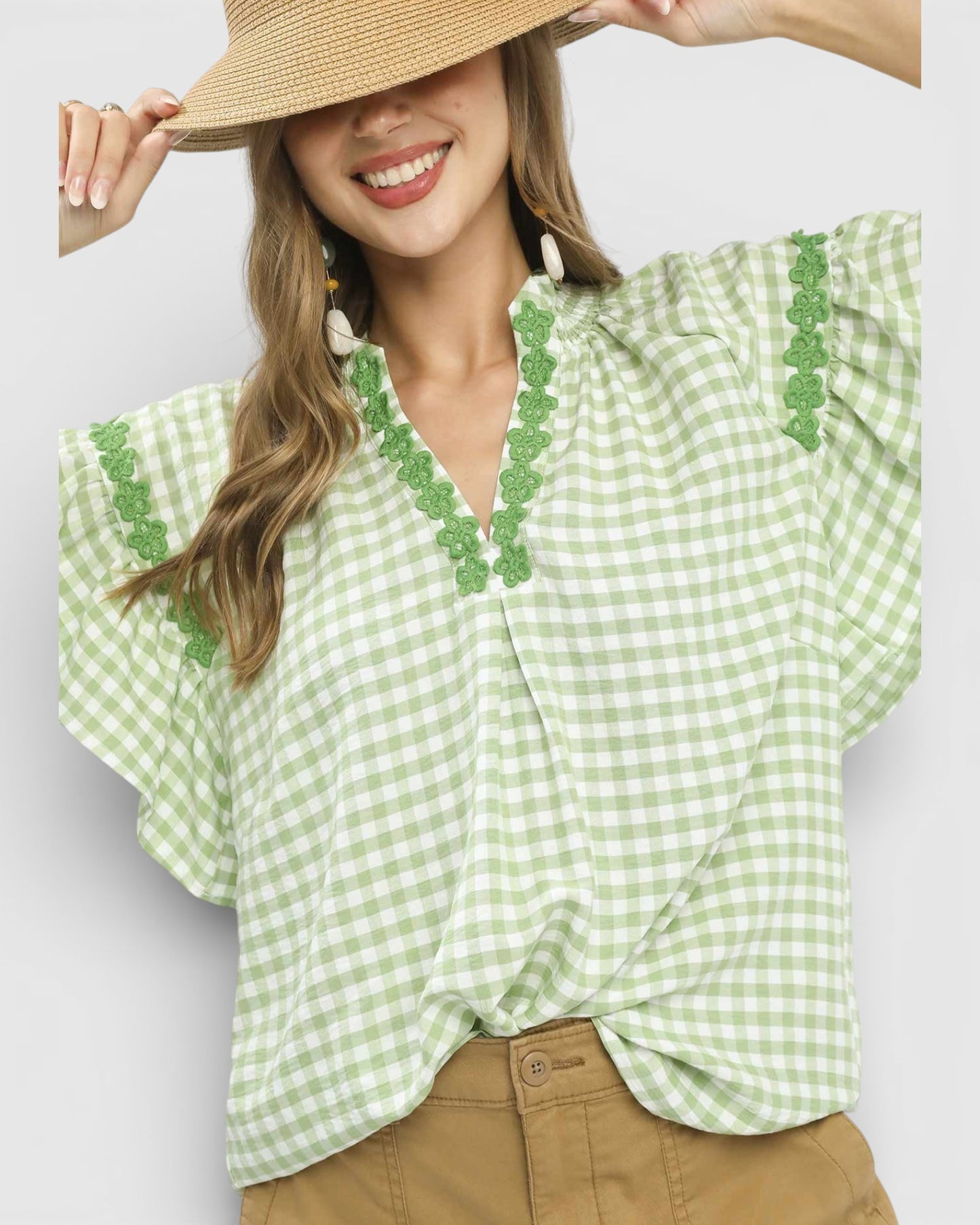 Lime Gingham Lace Trim Top