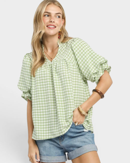 Sage Gingham Ruffle Sleeve Top