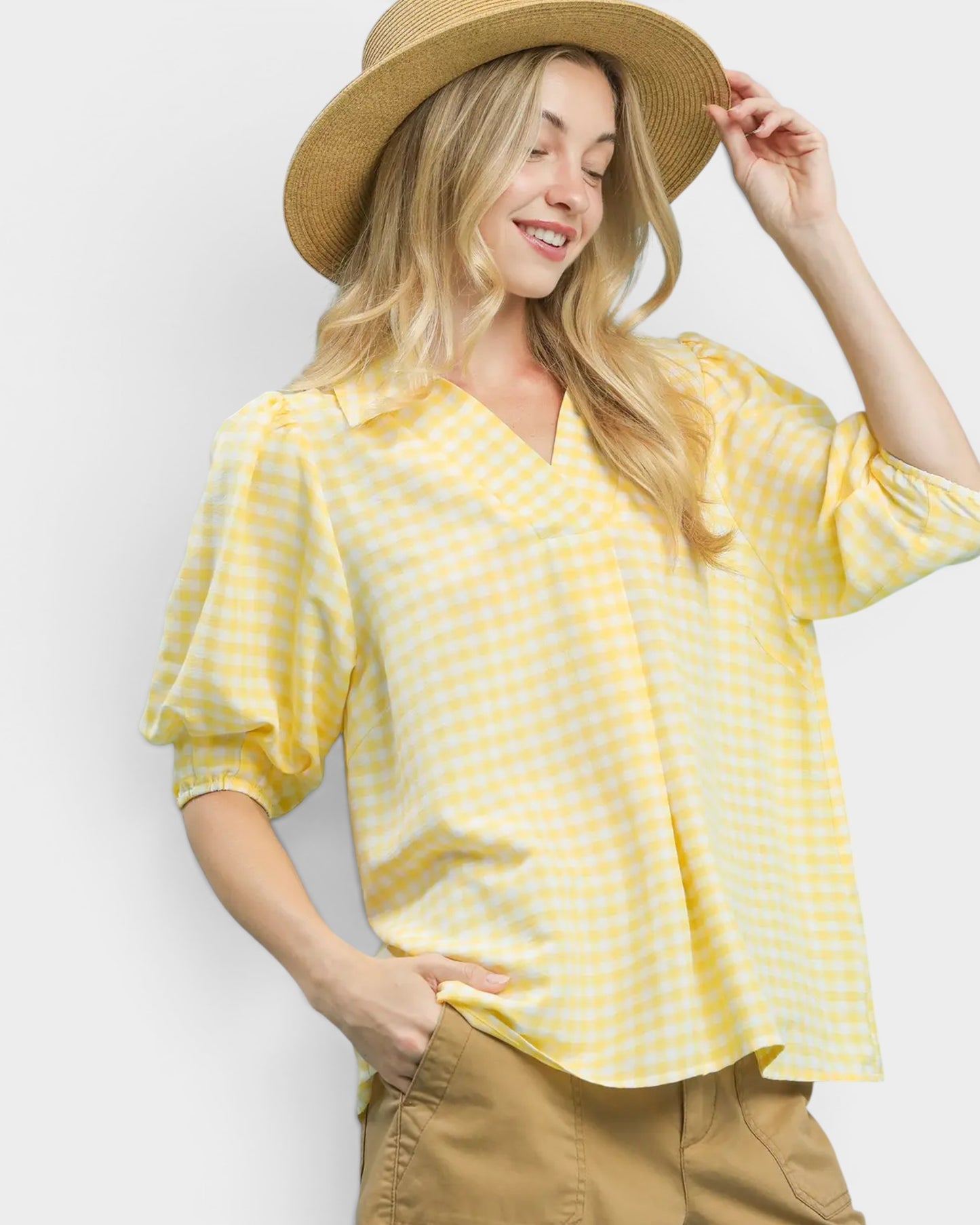 Yellow Gingham Puff Sleeve Top
