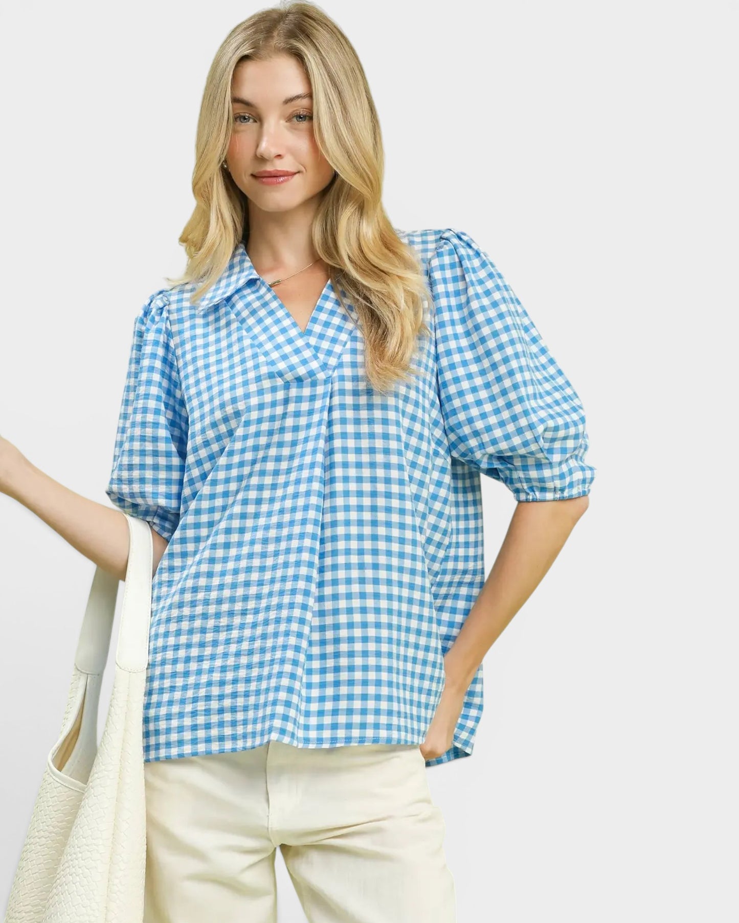 Blue Gingham Puff Sleeve Top