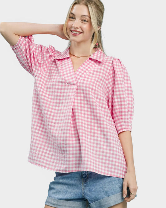 Pink Gingham Puff Sleeve Top