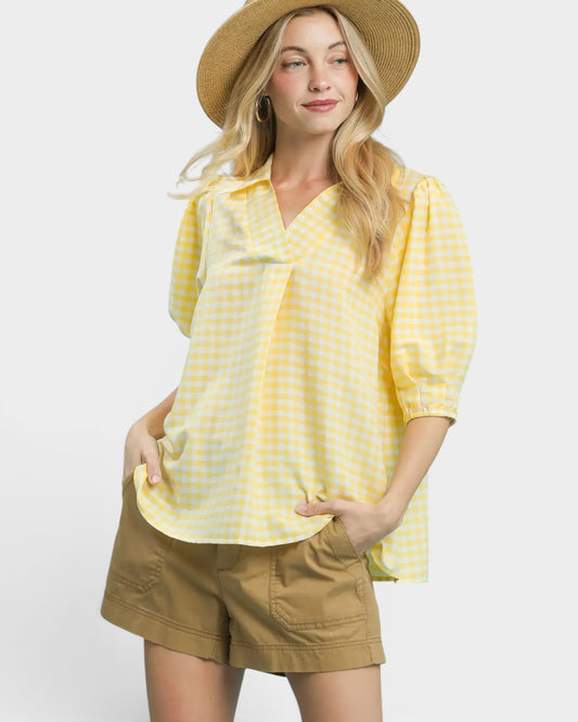 Yellow Gingham Puff Sleeve Top