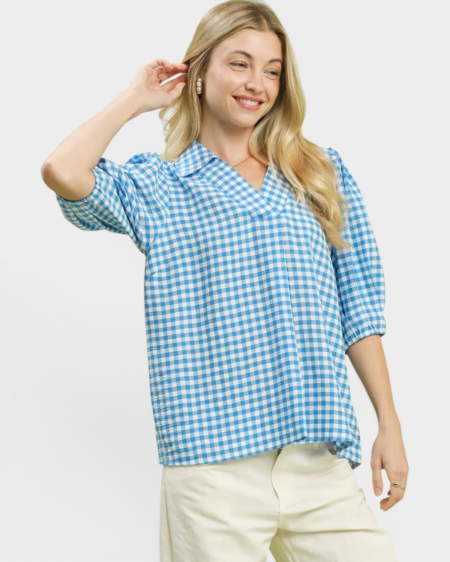 Blue Gingham Puff Sleeve Top