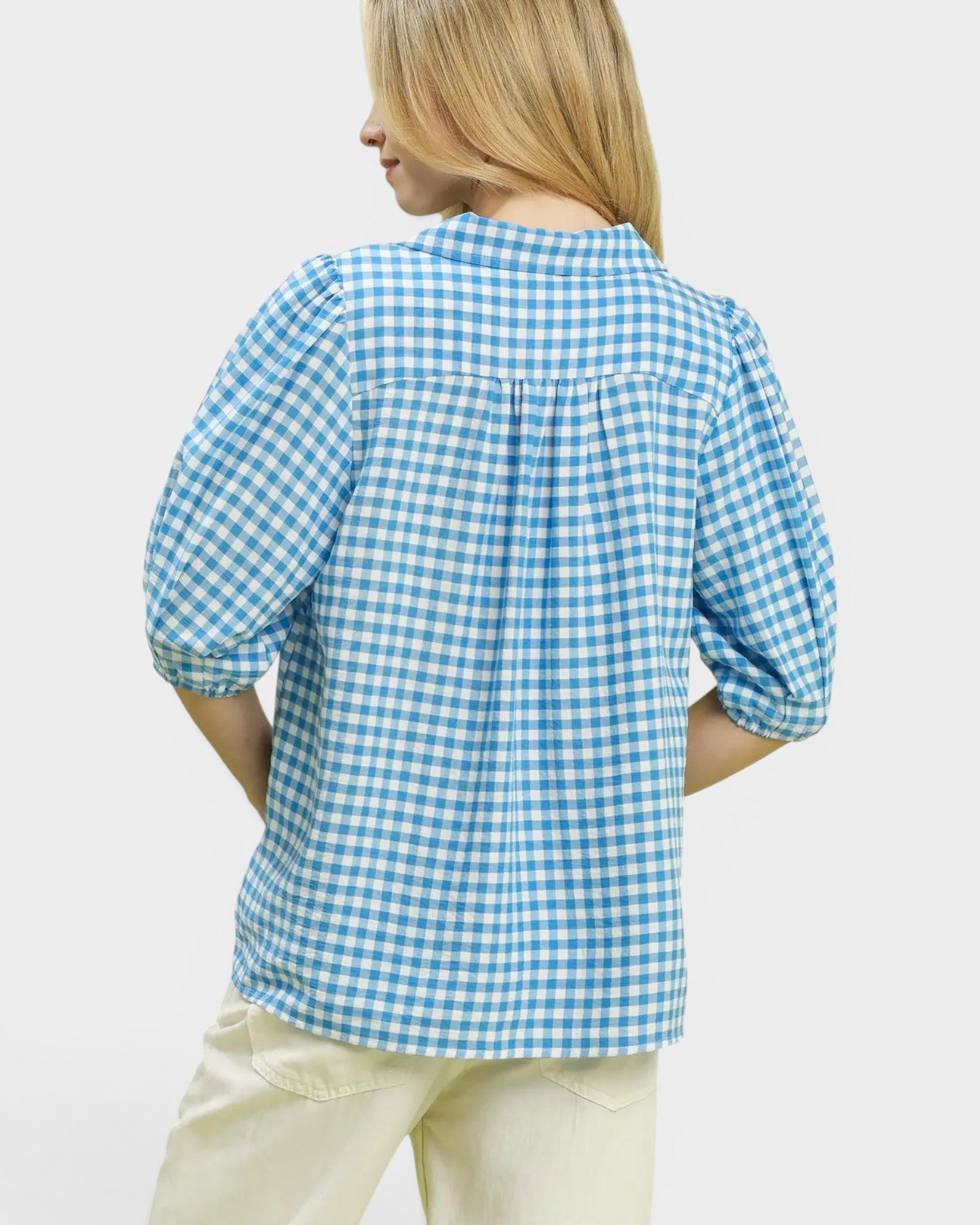 Blue Gingham Puff Sleeve Top