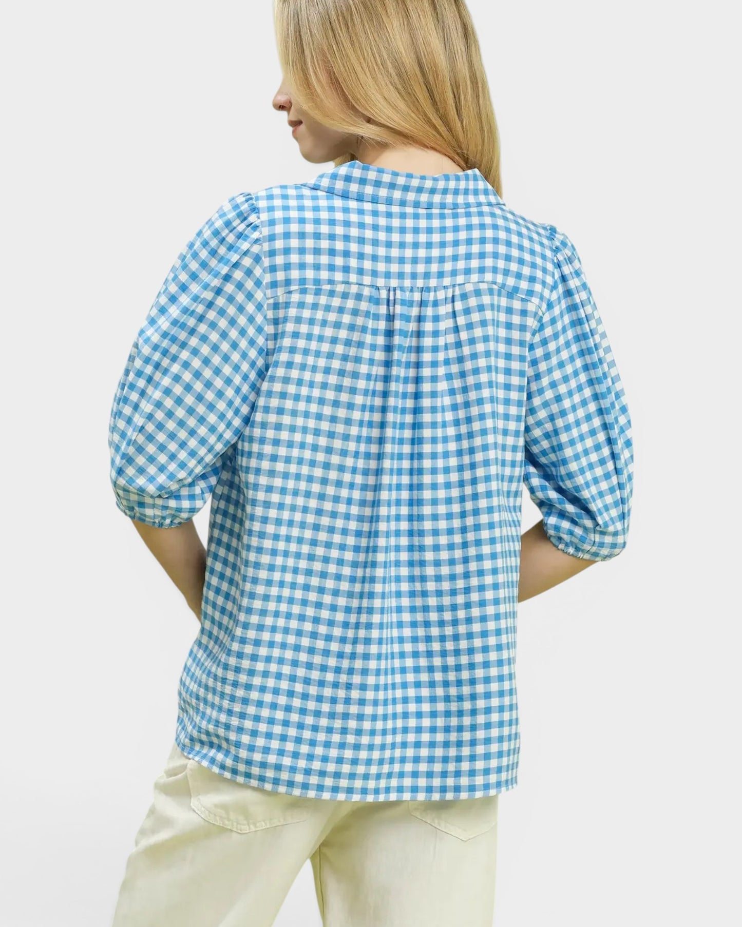 Blue Gingham Puff Sleeve Top