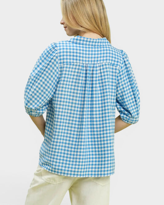 Blue Gingham Puff Sleeve Top